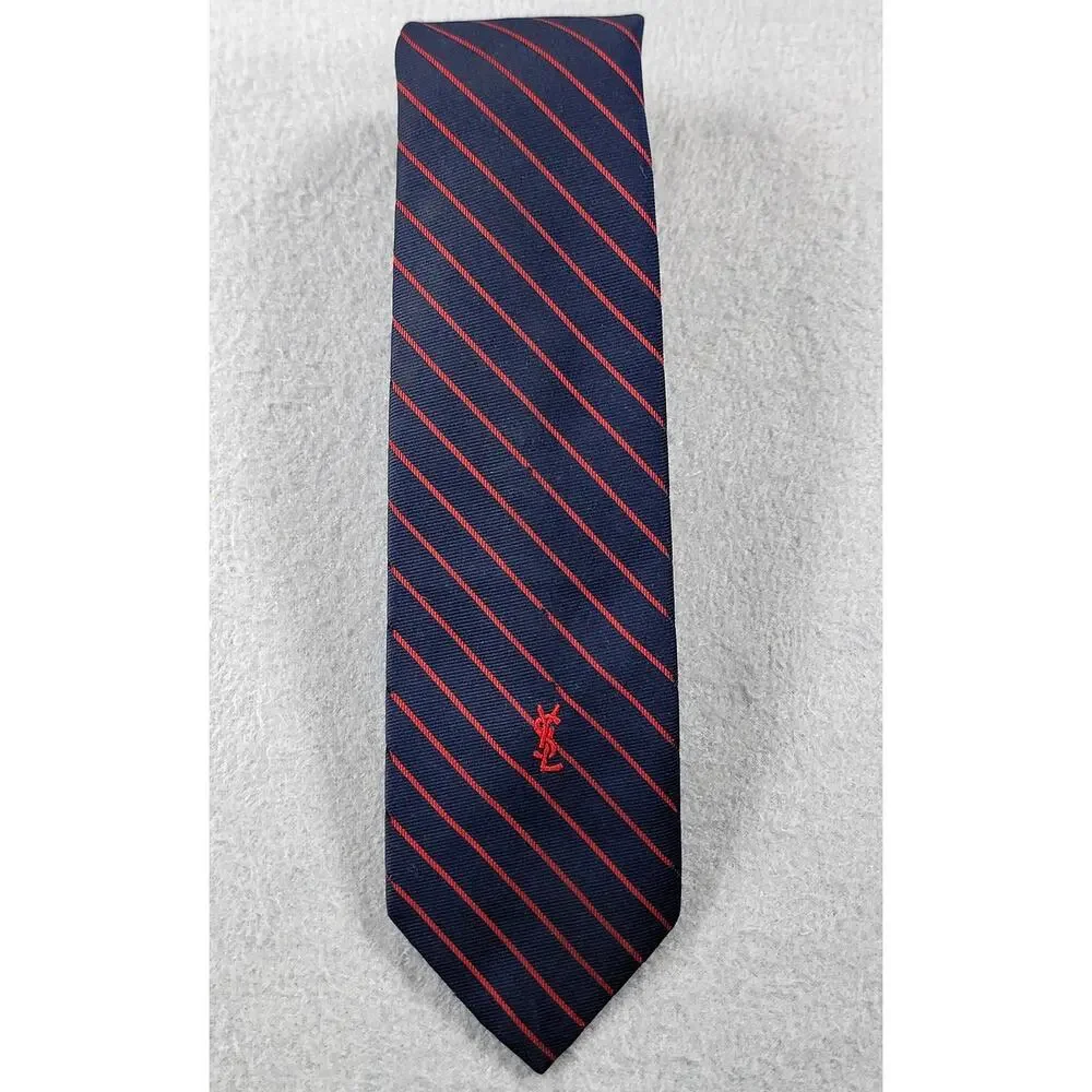 Vintage Yves Saint Laurent Navy Red Striped Tie YSL Logo